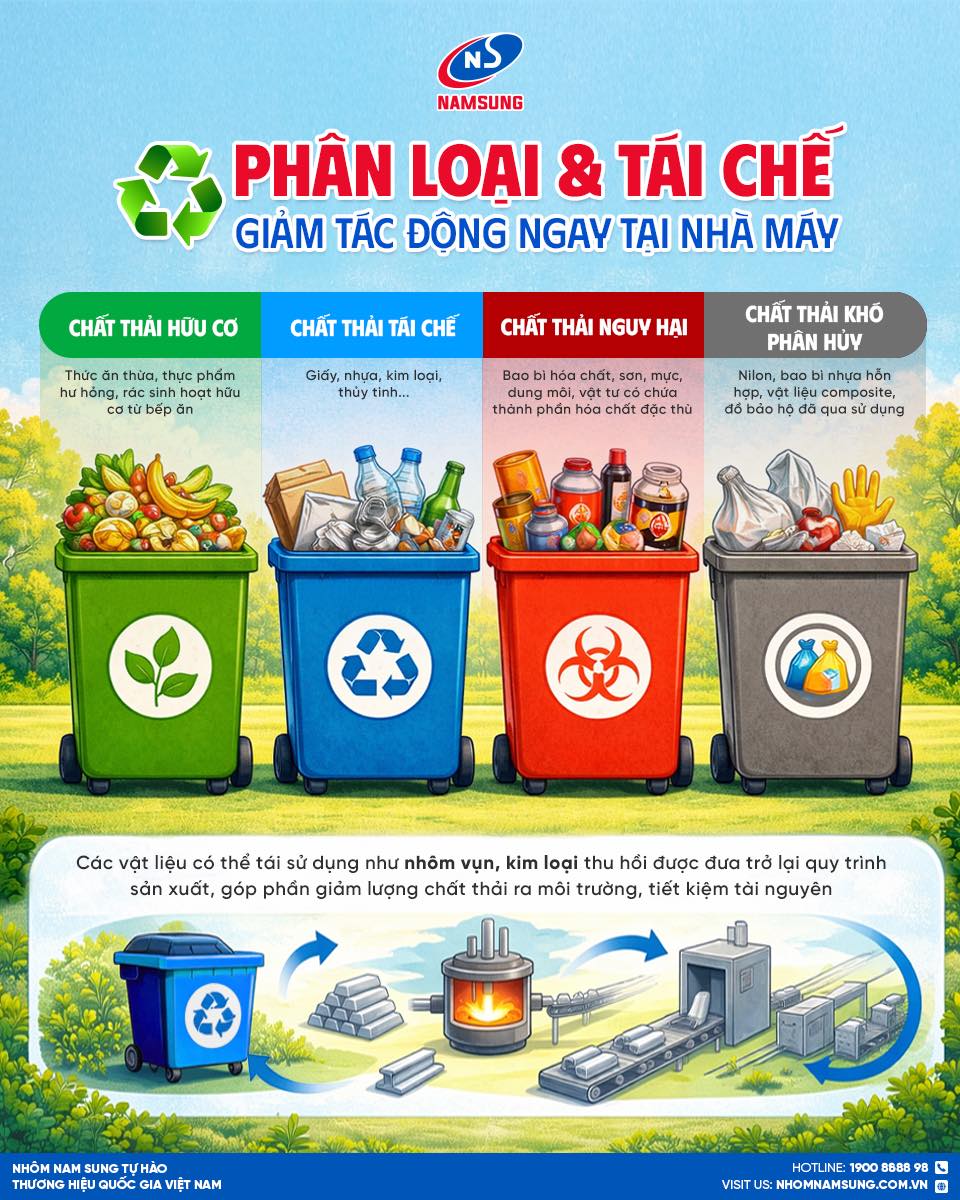 Việc phân loại và tái chế rác cũng được chú trọng trong quá trình sản xuất nhôm.