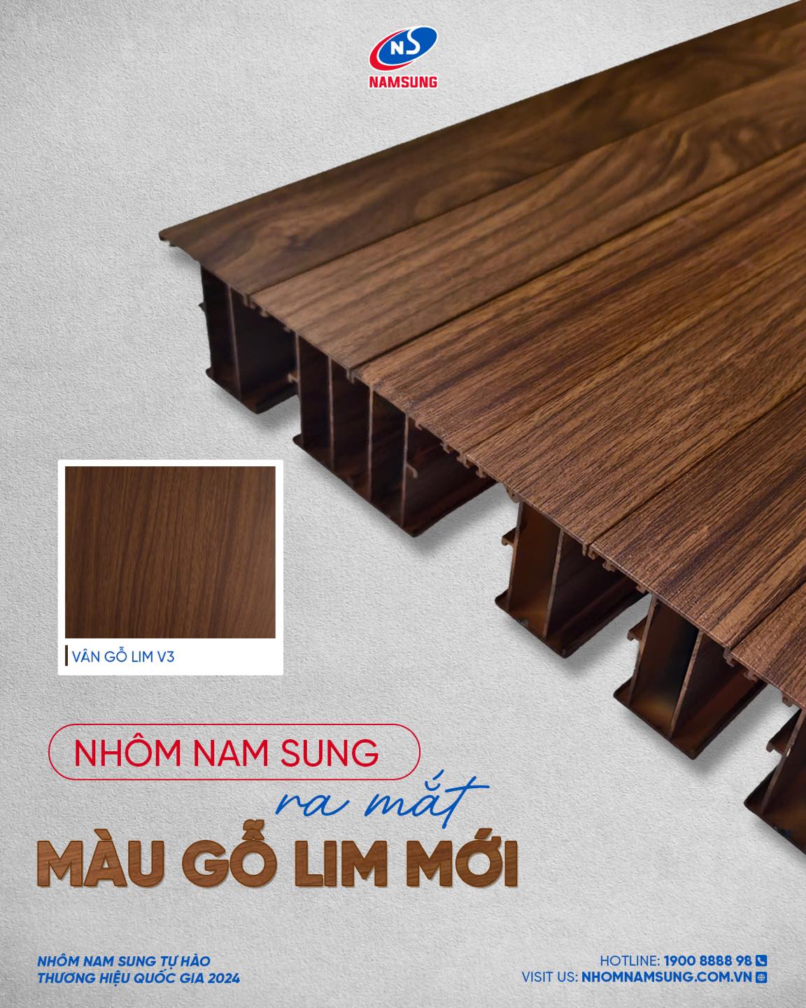 Nhôm Nam Sung hiện có 3 màu vân gỗ: Vân Gỗ Vàng (V1), Vân Gỗ Đỏ (VG) và Walnut Brown (V3).