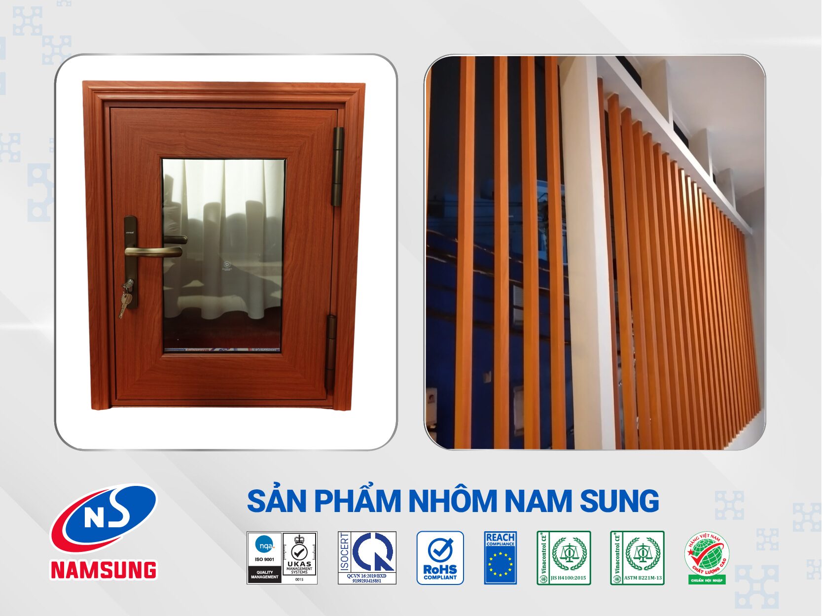Các sản phẩm nhôm phủ film vân gỗ đa dạng từ Nhôm Nam Sung