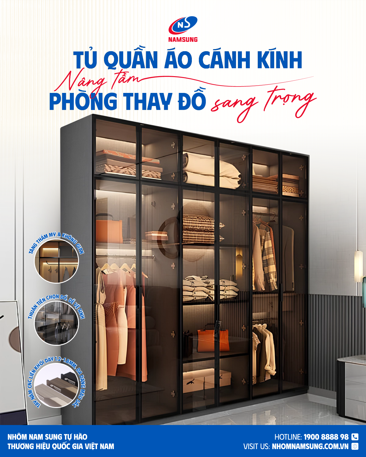 Tủ quần áo cánh kính giúp không gian trở nên sang trọng, ấn tượng hơn.