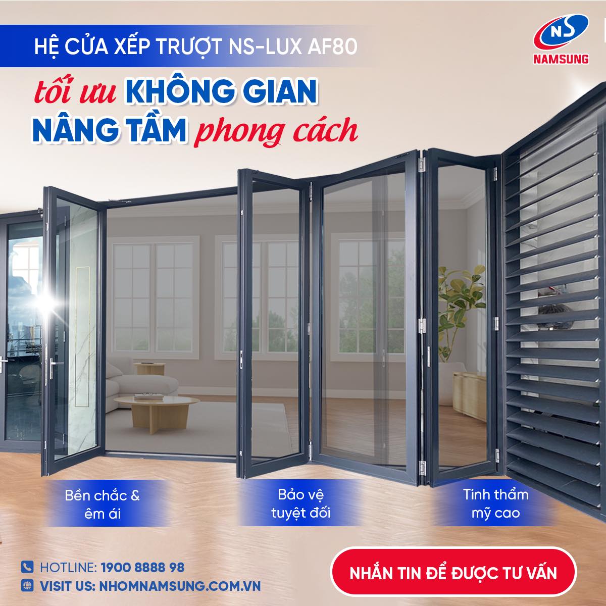 Với nguyên lý xếp trượt độc đáo, NS-LUX AF80 giúp gia chủ mở rộng không gian tối đa mà vẫn giữ được sự thông thoáng, liền mạch trong - ngoài.